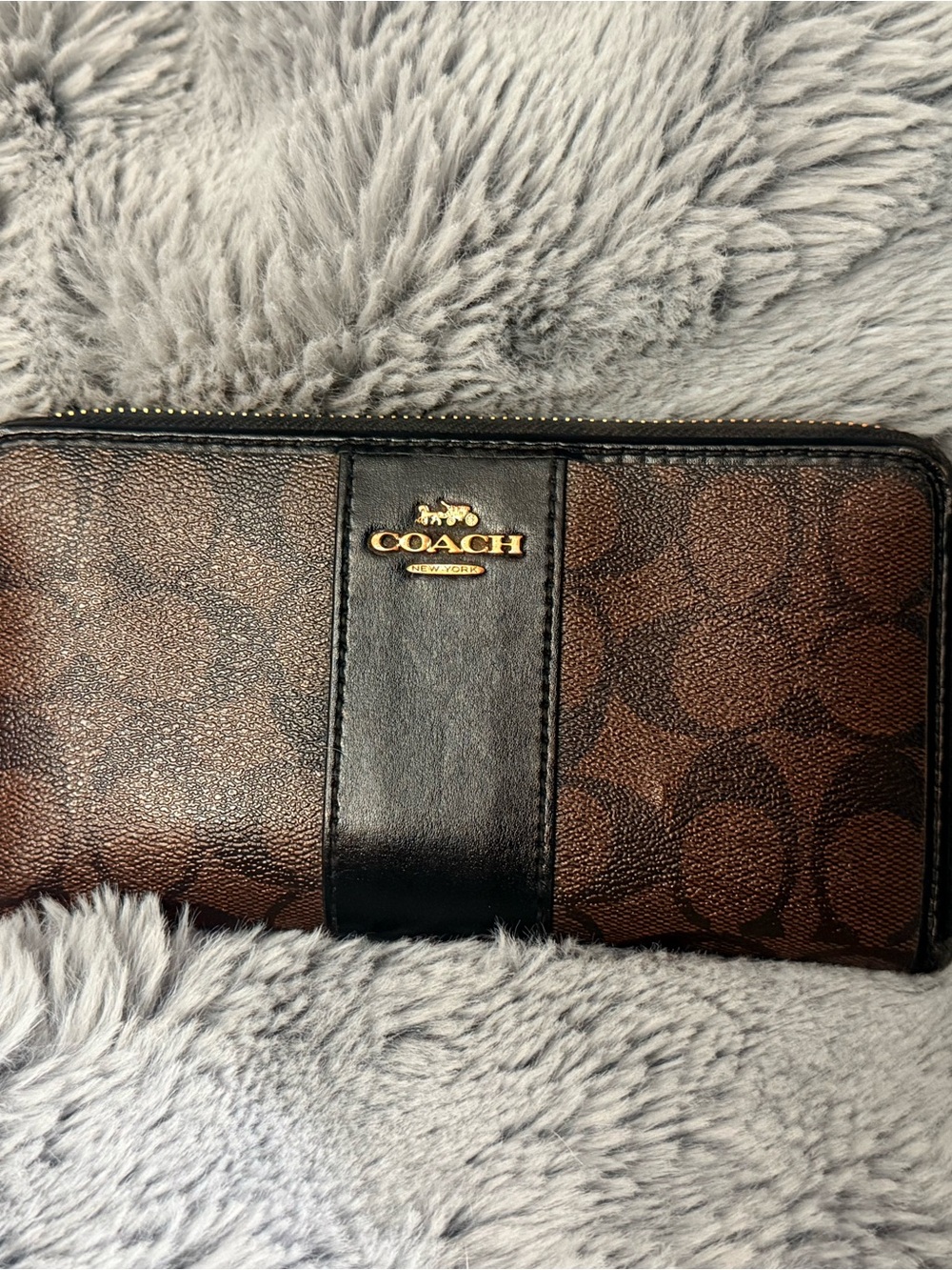 Coach Brown Signature Canvas Wallet with Black Leather Center and Gold Logo